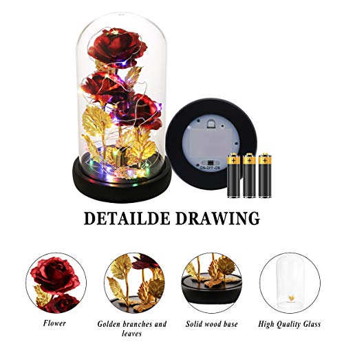 Valentines Day Gifts for Her,Beauty and The Beast Rose Birthday Gift,Galaxy Flower Rose with 2 Light Modes,Colorful Crystal Flower Enchanted Rose in Glass Dome,Womens Gifts for Mom Wife Girlfriend - color: Red