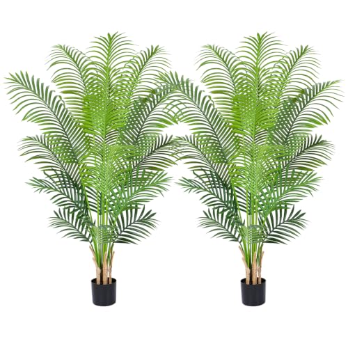 5ft Artificial Palm Tree Indoor Plant Tall Fake Tropical Paradise Palm Tree in Pot with Real Bark Design Faux Areca Palm Tree for Home Office Living Room Bedroom Farmhouse Modern Decor 2pcs - size: 5ft