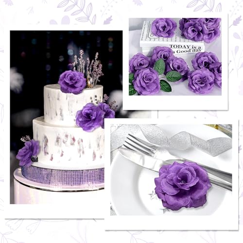 LELEE Rose Head Flowers with Stem - 108pcs Dark Purple Rose Artificial Flowers Bulk - Silk Rose Fake Flower for Wedding Bouquet Party Home Decor DIY Baby Shower Centerpieces Tables Decoration - color: Purple