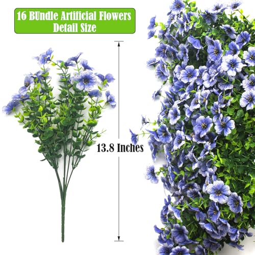 Grunyia Artificial Fake Flowers for Outdoor Spring Decoration, 16 Bundles Faux Silk Colorful Daisy UV Resistant Realistic for Outside Porch Patio Home Yard Garden Planters Pots Window Box (Blue) - color: Blue