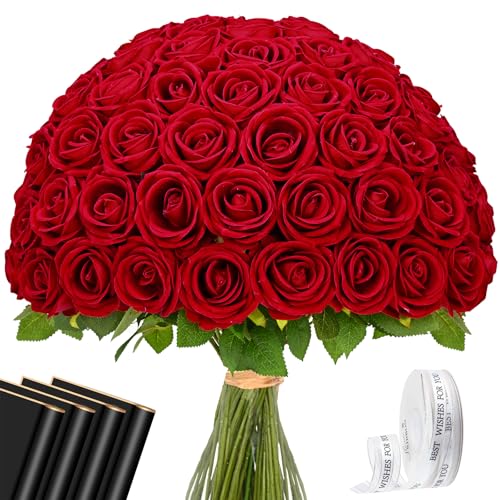 Waipfaru Red Roses Artificial Flowers Bulk, Real Touch Velvet Roses with Wrapping Paper, 50 Pcs Fake Flowers for Wedding Centerpieces Bridal Bouquet Valentines Mothers Day Graduation Decor - color: Red, size: 50 Pcs