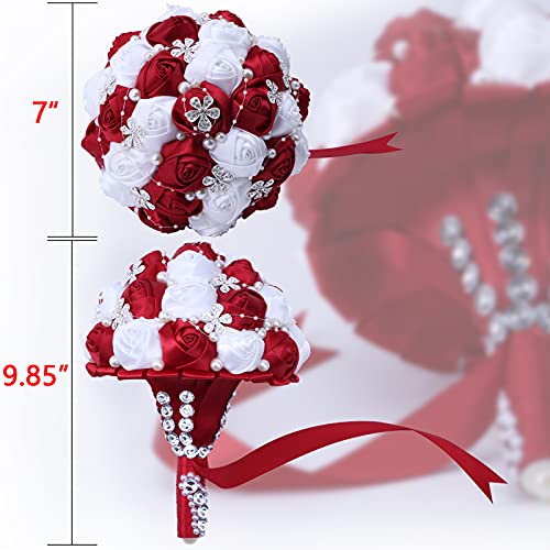 7Inch Handmade Wedding Flowers Bridal Bouquets Crystal Bride Holding Bouquet White Ivory Satin Roses with Diamond Pearl Ribbon.(WineRed) - color: Winered