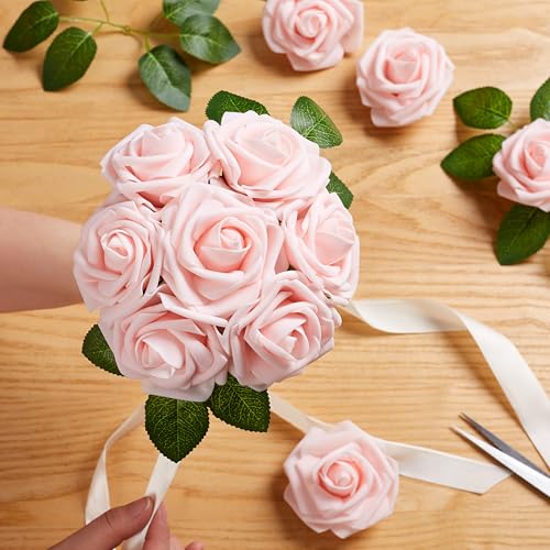 16 Pcs Fake Pink Roses Artificial Flowers | Pink Foam Roses with Stems, Artificial Flowers for DIY Wedding Bouquets, Centerpieces, Party, Home Decor - color: Peach Pink