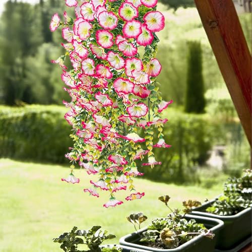 Hanging Morning Glory UV Resistant Artificial Outdoor Flowers,Faux Flowers for Planters,Hyeflora Cascading Plants Garden,Home Decor,Wedding,Patio,Porch,Yard(White Pink,2 Bunches/4Pcs) - color: White and Pink, size: 2 Bunches/ 4Pcs