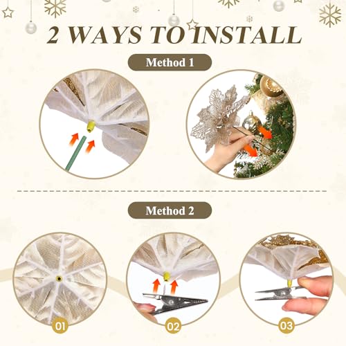 Alupssuc 24 PCS 3 Styles 6'' Poinsettia Christmas Flowers Artificial, Glitter Artificial Flower, Christmas Decorations for Xmas Tree Party Wreath Fireplace, New Year Ornaments, Champagne Gold - color: Champagne Gold