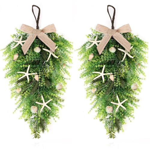2 Pcs 24"Coastal Teardrop Swag Beach Seashell Starfish Wreath with Green Leaves for Front Door Wedding Farmhouse Starfish Conch Shells Wreath for Indoor Outdoor Spring Summer All Seasons Home Decor ﻿ - color: Starfish Swags