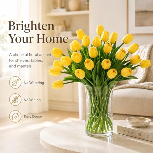 MACTING Yellow Artificial Tulip Flowers - 13.7" 30PCS Real Touch Fake PU Tulips Bouquet Faux Flowers for Floral Arrangements Table Centerpieces Kitchen Indoor Home Mothers Day Decorations - color: Yellow
