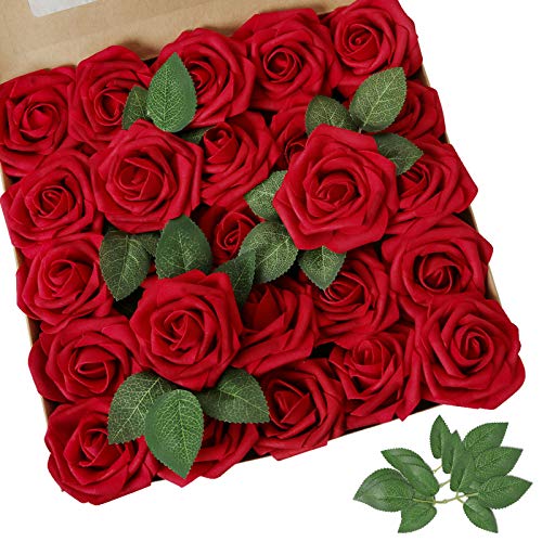 AmyHomie Artificial Flowers Dark Red Rose 25pcs Real Looking Fake Roses w/Stem for DIY Wedding Bouquets Centerpieces Arrangements Party Baby Shower Mothers Day Christmas Tree Decorations - color: Dark Red