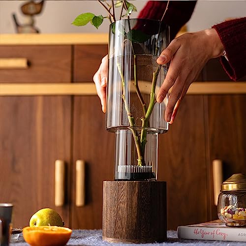 Artistic Wood Glass Vase, 12" H, Large Wooden Base Cylindrical Flower Vase, Classic Boho Rustic Style for Fireplace Bedroom Kitchen Living Room Centerpieces Office Desk