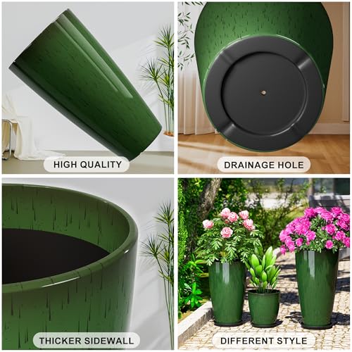 QCQHDU 24,21,11 inch Large Planters with Drainage Hole & Saucer, Set of 3 Plant Pots Tall Planter for Indoor & Outdoor Plants Home Modern Decor - color: Green, size: 24,21,11 inch