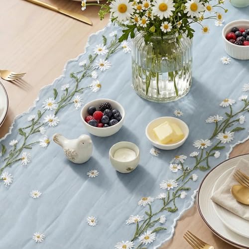 Artoid Mode Daisy Floral Sky Blue Shaped Gauze Embroidery Table Runner 120 Inch 10FT, Tulle Spring Summer Kitchen Dining Table Decor for Home Party - color: Sky Blue