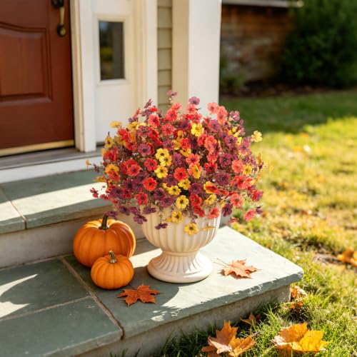 INXUGAO 12PCS Fake Artificial Fall Mums Flowers for Outdoor Decoration Faux Silk Fall Flowers Plants for Outdoor Planters UV Resistant Daisy for Home Decor - color: Fall-orange Brown Yellow