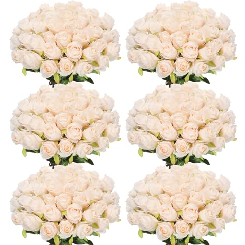 Jexine 50 Pcs Artificial Rose Flower Bulk Realistic Silk Fake Roses with Long Stem Plastic Artificial Flower Bouquet Real Looking for Home Wedding Centerpieces Party Decoration(Beige Champagne) - color: Beige Champagne