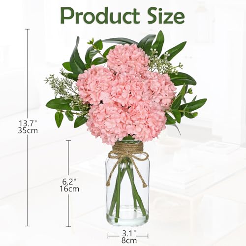 Hollyone Pink Hydrangea Artificial Flowers in Clear Glass Vase with Faux Water Silk Hydrangeas Fake Flowers Floral Arrangement for Home Bathroom Kitchen Office Table Centerpiece Shelf Decorations - color: Pink