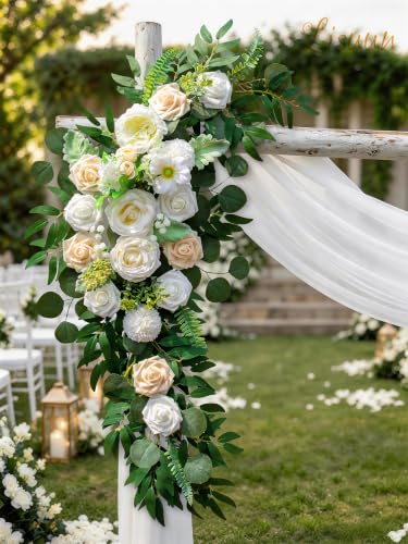 Lisuun Artificial Wedding Arch Flowers with Chiffon Runner, Pack of 3 | Includes 2 Flower Swags, 1 20ft Chiffon Runner and Zip Ties for Wedding Arches, Arbors and Backdrops - color: Pure White
