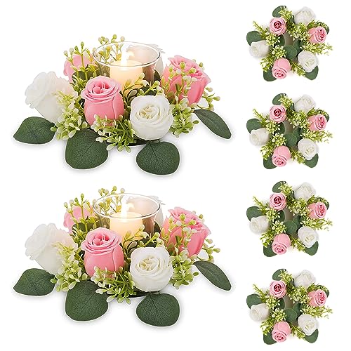 NUPTIO Flower Wreath for Table Centerpieces: 9.05 Inch Small Pink & White Candle Rings for Wedding Party Christmas Decorations - Rose Wreaths for Spring Summer Front Door Porch Decor 6 Pcs - color: Pink & White, size: Dia 9.05"-6pcs