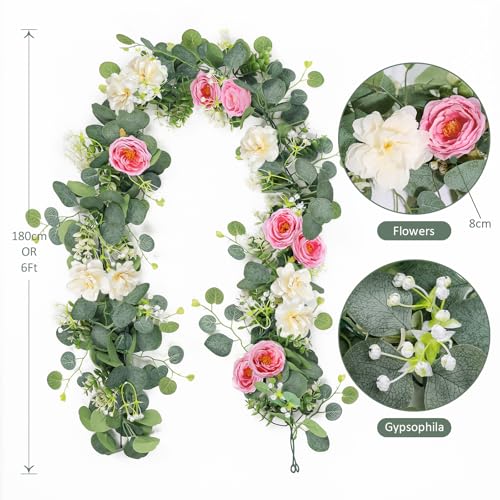TOCHGREEN 2 Pack 13Ft Artificial Eucalyptus Flower Garland with Pink Roses White Flowers, Fake Rose Flower Greenery Garland Floral Vines for Wedding Home Party Table Runner Decor (White Pink, 2PCS) - color: White Pink, size: 2PCS