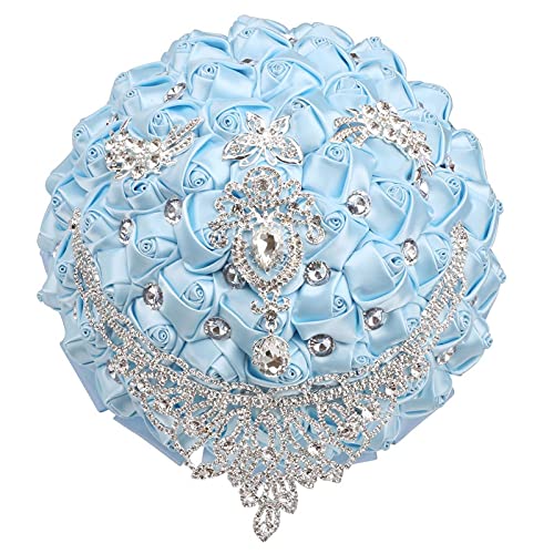 XINNI Handmade Bridal Wedding Bouquet Bride Bridesmaid Satin Rose Flower Bouquet with Drop-Shaped Rhinestone Wedding Decoration Light Blue - color: Lightblue