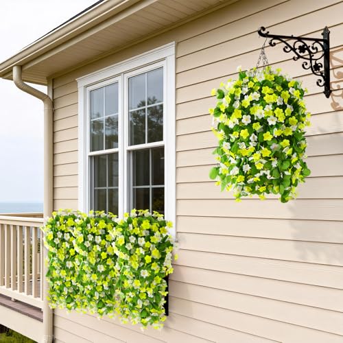 Artificial Fake Hanging Flowers for Outdoors, 2 Pcs Artificial Hanging Plants Outdoors Spring Summer Decor, UV Resistant Faux Violet Silk Flowers for Planters Front Door Yard Garden(Yellow White) - color: Yellow White