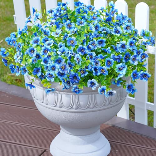 florisso Artificial Flowers for Outdoors Daisy 12 Bundles for Home Decoration, Faux Flower Fake Plants Outside Decoration with Eucalyptus UV Resistant for Planter Porch Patio Yard Garden Blue - color: Blue