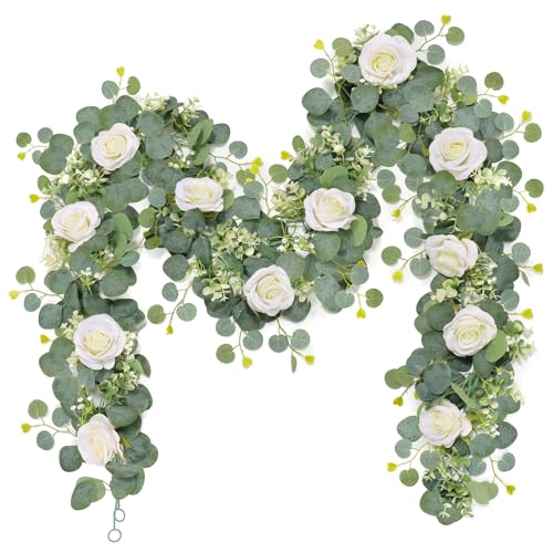 TOCHGREEN 2Pcs(13 Ft) Artificial Eucalyptus Flower Garland with White Rose Flowers,Faux Rose Vine Gypsophila Greenery for Home Party Wedding Table Decor (White, 2PCS) - color: White, size: 2PCS
