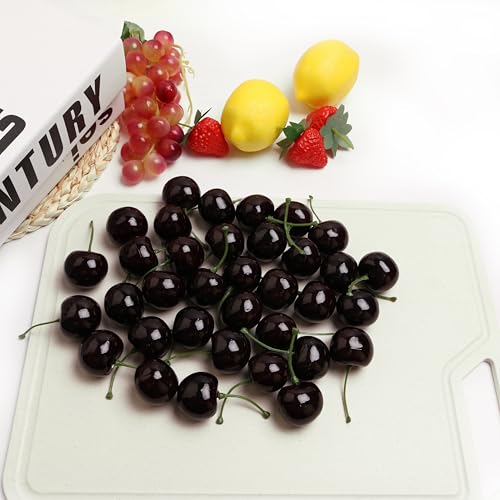 50PCS Simulation of Fruit Cherry Realistic Fake Fruit Cherry for Home Kitchen Party Decoration Photography Props Fruit Basket Decoration Christmas Thanksgiving - color: Black Cherry