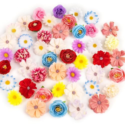 Fake Flower Heads for Crafts, 66PCS Mini Artificial Flowers Bulk, Small Silk Daisy Rose Sunflower Faux Floral Heads for DIY Hair Clips, Wedding Cake, Graduation Cap, Wreath & Party Decoration - color: Bright Colors Mixed