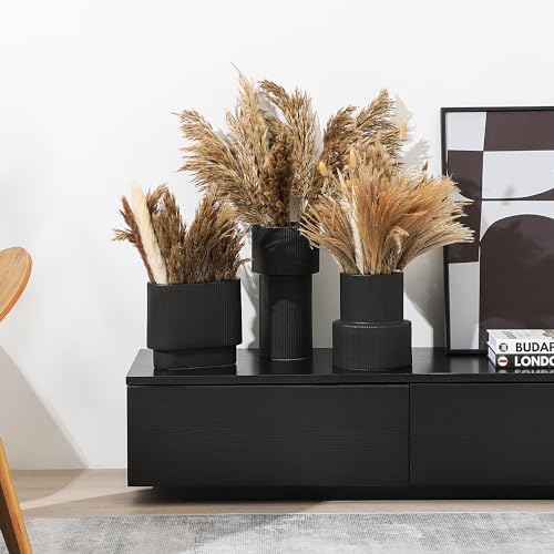 Black Ceramic Flower Vase, Large Ceramic Vase, Boho Decorative Vases for Modern Decor, Ribbed Vase, Pampas Grass Vases for Living Room, Office, Mantel, Shelf, Dining Table, 7.5 Inches - color: Black, size: Large Ribbed