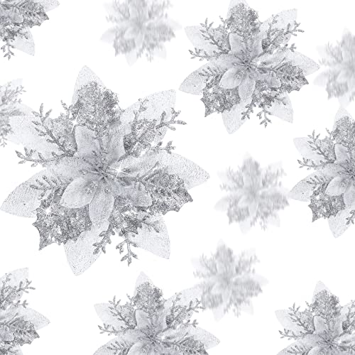 Geosar 36 Pcs Christmas Glitter Artificial Poinsettia Flowers Xmas Poinsettia Artificial Wedding Flowers Decorations Xmas Tree Ornaments with Clips for Party, 6 Inch, 4 Inch, 3 Inch(Silver) - color: Silver