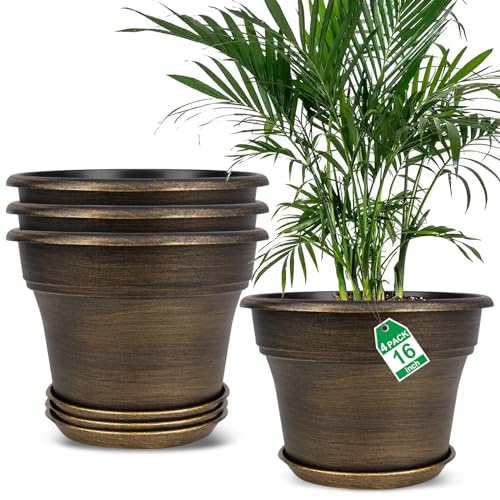 16 inch Plant Pots Outdoor Planters，4 Pack Large Plastic Flower Pot For Indoor Plants With Drainage Holes & Saucer, Resin Decorative Container Sets With Trays For House Outdoor Garden Plant Dark Gold - color: Gold, size: 16 inch-4 pack