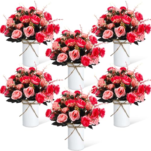 Domensi 6 Sets Wedding Centerpiece for Table Artificial Rose with Vase Fake Bouquets and Metal Pot Flower Arrangements for Bridal Shower Birthday Party Event Table Decor (Rose Red) - color: Rose Red