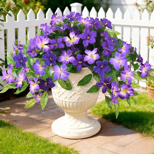 Homsunny Artificial Fake Flowers Plants Outdoor, 2PCS Realistic Faux Silk Flowers UV Resistant Fake Outdoor Flowers for Spring Outside Porch Garden and Home Patio Yard Decor (Double Purple) - color: B01 Deep Purple+ Light Purple