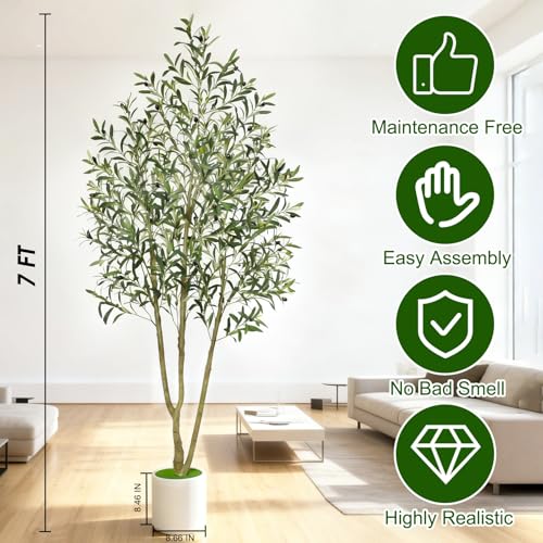 Timoo Faux Olive Tree 7FT Tall Olive Trees Artificial Indoor with White Tall Planter, Artificial Plants Indoor Faux Tree with Realistic Leaves and Fruits, Fake Plant for Home Office Decor - size: 7 FT