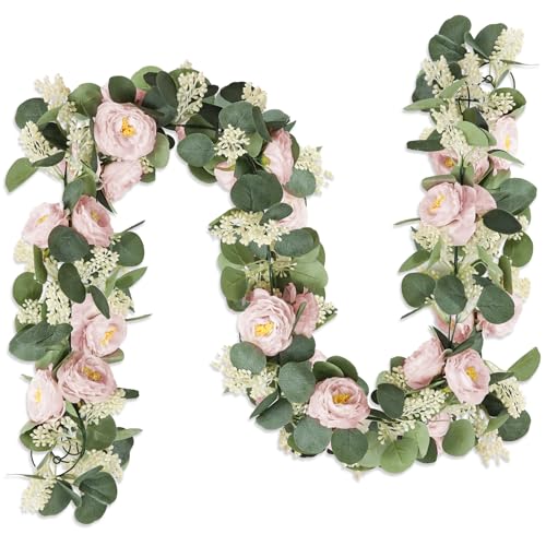 MAKHOT 2 Pcs Pink 6.6Ft Artificial Eucalyptus Flower Garland with Fake Rose Flower Vine Seeded Eucalyptus Leaves Greenery Garland for Wedding Table Backdrop Party Centerpiece Room Decor (Pink) - color: Pink-2pcs