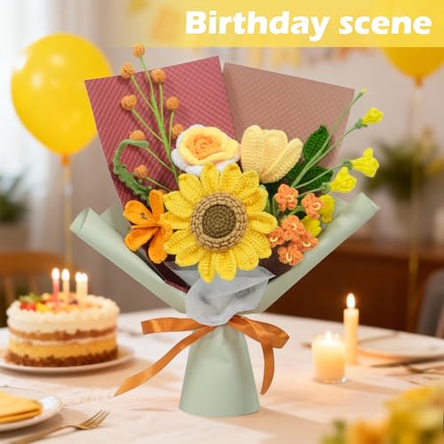 Crochet Flowers Bouquet, Luxurious Handmade Knitted Sunflower Bouquet, Artificial Flower Bouquet for Her, Wife,Lover,Girlfriend,Mother, Anniversary,Graduation,Birthday (with Gift Bag&Card) - color: Yellow, size: X-Large