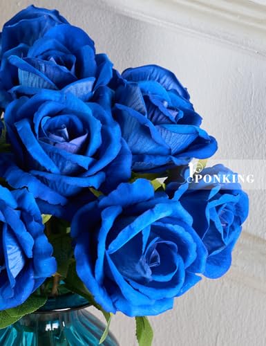 PONKING 3.5"(9cm) Rose Artificial Flower 12pcs Realistic Faux Silk Roses Fake Flowers Bouquets Arrangements Decor for Wedding Mother's Day, Home Table Christmas Valentine Decorations, Blue Flower - color: D 12pcs Blue Rose