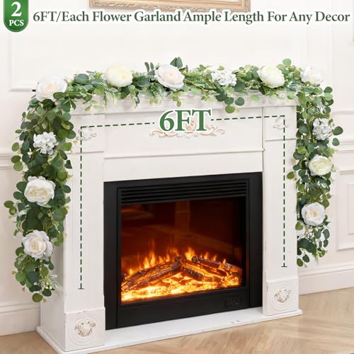 Livole 6 FT Artificial Flower Garland Real Touch Fake White Floral Rose Peony Garland with Eucalyptus Flower Hanging Vine for Wedding Table Centerpieces Backdrop Party Arch Home Decorations - color: White, size: 1 Pc