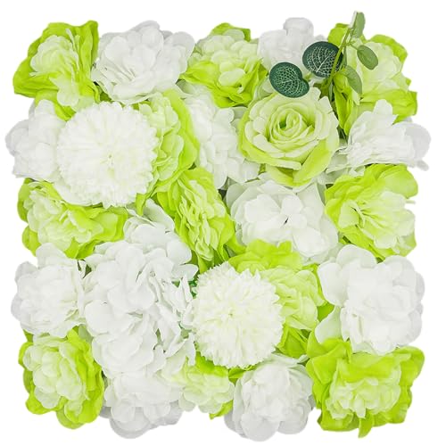 12Pcs Artificial Flower Wall Panel 3D Floral Backdrop Wall 15" X 15" Flower Wall Decor Flower Wall Backdrop Faux Flower Panel for Party Home Background Decor, Green - color: Green, White