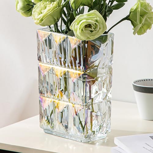 Iridescent Crystal Flower Vase Heavyweight Glass Centerpiece Holographic Colorful Vases for Living Room Trendy Home Decor Scratch Resistant 5.1x3.11x7.88 in 1 Pc - color: Clear Iridescent