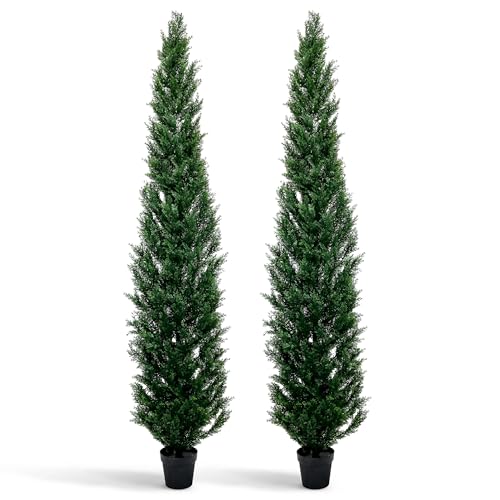 7 Feet Outdoor Artificial Topiary Cedar Tree, Set of 2 UV Resistant Potted Faux Cedar Trees for Outdoors and Indoors, Decorative Fake Shrubs Topiary Trees for Home Living Room Front Door Decor - size: 7ft