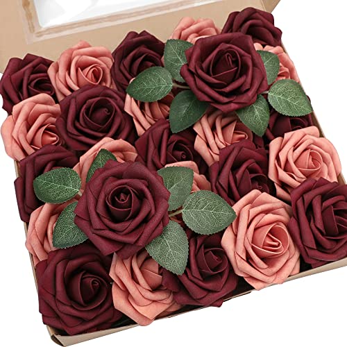 Floroom Artificial Flowers 50pcs Real Looking Burgundy & Pinky Cedar Foam Fake Roses with Stems for DIY Wedding Bouquets Bridal Shower Centerpieces Floral Arrangements Party Tables Home Decorations - color: Burgundy & Pinky Cedar, size: 50Pcs
