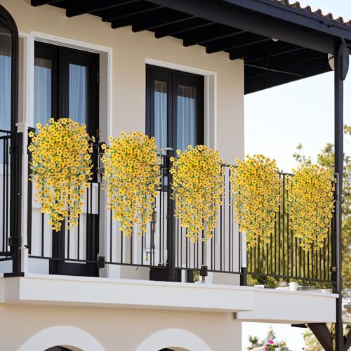 Ammyoo Artificial Hanging Flowers for Outdoors Faux Plants Decoration, 2 Packs Fake Silk Daisy Flower Realistic Outdoor Flowers UV Resistant Porch Patio Window Yard Outside Decor(Yellow) - color: Yellow