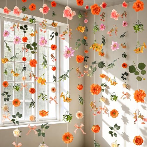 Livole 6Pcs 36Ft Hanging Flower Garland with Bow Wildflower Garlands Backdrop Silk Artificial Fake Floral Vines for Wedding Bridal Party Birthday Arch Wall Home Garden Decor(Orange) - color: Orange, size: 6Pcs