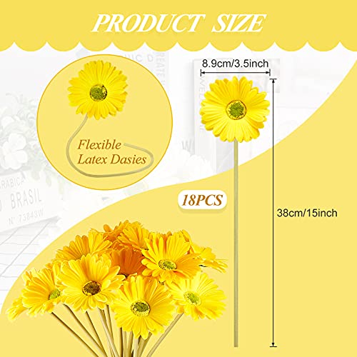 WILLBOND 18 Pcs Artificial Gerbera Daisies Flowers 15 in Yellow Fake Daisy Bouquet with Flexible Stems Boho Faux Wildflower for Wedding Bridal Groovy Party Home Kitchen Decor - color: Yellow