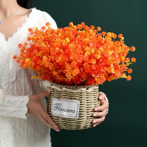 SITUMEIZI Artificial Mums for Outdoor Fall Flowers,Faux Flower Eucalyptus Leaves Fake Plants Greenery Outside Plastic Proch Patio Front Fall Halloween Thanksgiving Decorations(8Pcs,Orange) - color: Orange