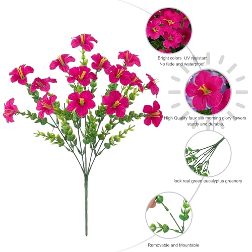 Artificial Flowers for Outdoors Decoration, 20 Bundles Fuchsia Faux Morning Glory with Eucalyptus Look Real UV Resistant Fake Plants Silk Flowers for Outside Yard Gardens Porch Patio Planter Home Urn - color: Fuchsia
