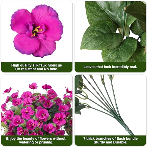 Fake Hibiscus Artificial Flowers for Outdoors Spring Summer Decoration, 6 Bundles Silk Hibiscus Flowers Bouquet UV Resistant Look Real Faux Plants for Outside Planter Front Door Porch Balcony, Fuchsia - color: Fuchsia