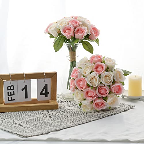 ZMZQ&flw 36PCS Roses Artificial Flowers Pink&Cream, Silk Flowers with Stems Fake Flowers Bouquet for Outdoor Bridal Wedding - color: Pink&white 36pcs