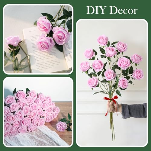 50 PCS Pink Roses Artificial Flowers, Real Looking Fake Roses with Long Stems Silk Flowers for DIY Wedding Bouquet Party Celebration Home Bridal Shower Decoration Valentine's Day Gift for Her Wife - color: Pink