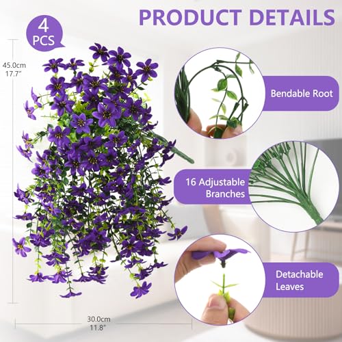 Artificial Hanging Baskets Outdoor, 4 Bundles Artificial Hanging Flowers Outdoors Spring Summer Decoration, No Fade Realistic Fake Hanging Baskets for Porch Patio Balcony Home Yard Decor - color: Purple